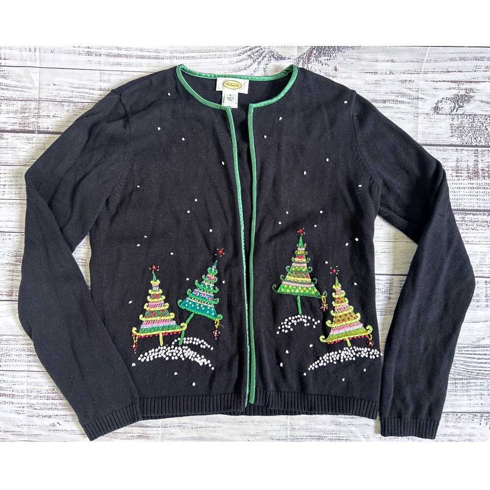 Vintage Talbots Cardigan Sweater Women Navy Embroidered Christmas Tree Sequin S